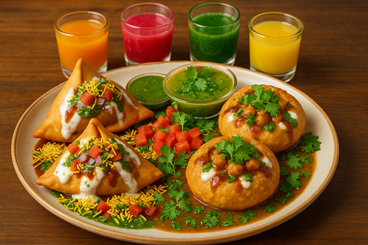 TWO SAMOSA CHAAT, TWO KACHORI CHAAT AND FOUR MOCKTAILS IN ONE PLATE